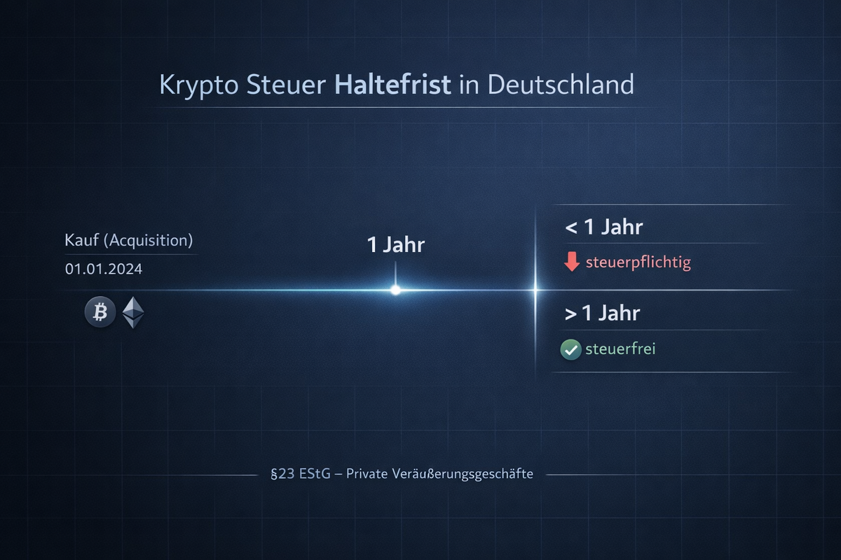 Infografik: Krypto Steuer Haltefrist in Deutschland &mdash; unter 1 Jahr steuerpflichtig, &uuml;ber 1 Jahr steuerfrei (&sect;23 EStG)